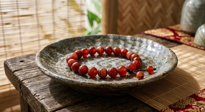 Cận cảnh chiếc vòng tay phong thủy tuổi tuất làm từ đá mã não đỏ đặt trên đĩa gốm sứ truyền thống