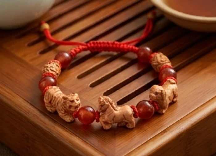 Chuỗi vòng linh vật tam hợp dần ngọ tuất chạm khắc tinh xảo xỏ bằng chỉ đỏ đan xen hạt đá mã não đỏ