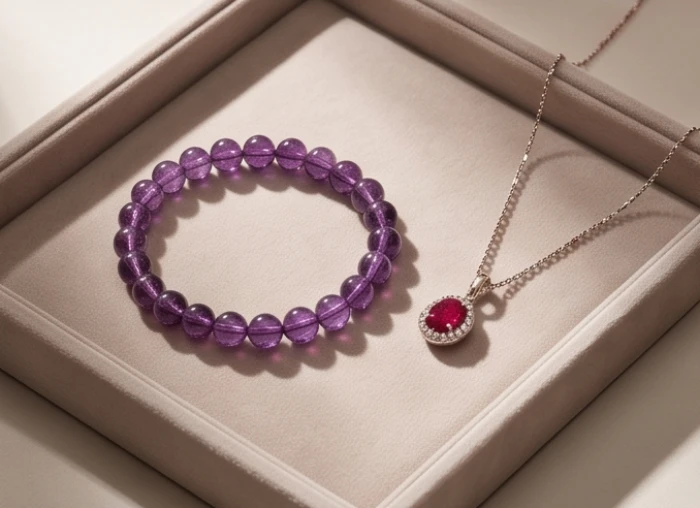 Chuỗi vòng tay bằng đá thạch anh tím tự nhiên cao cấp đặt cạnh mặt dây chuyền ruby sáng lấp lánh