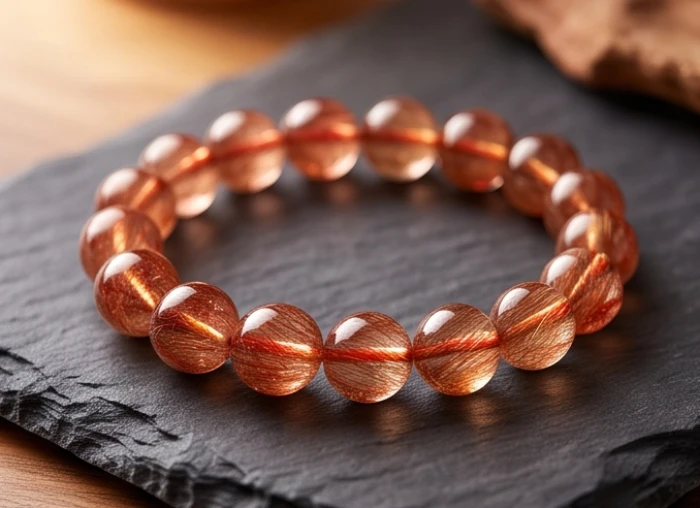 Vòng tay đá thạch anh tóc đỏ tự nhiên với các sợi rutin phản chiếu ánh sáng lấp lánh rực rỡ