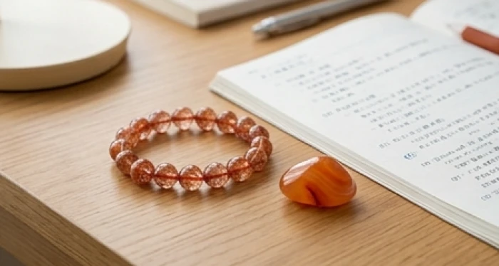 Vòng tay đá thạch anh tóc đỏ tự nhiên đặt cạnh cuốn sách giáo khoa và chiếc la bàn nhỏ trên bàn