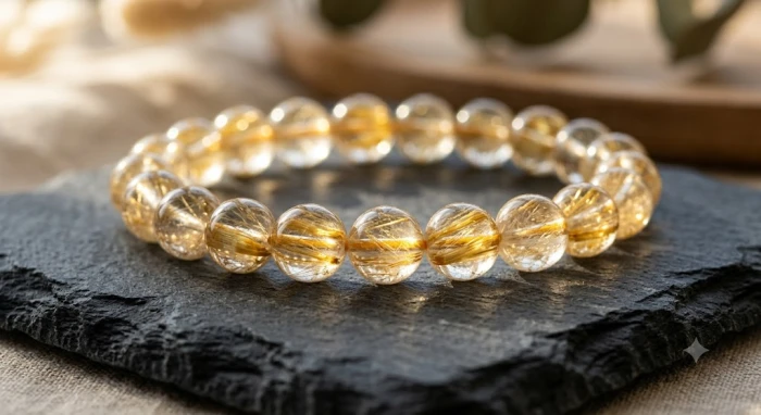 Chiếc vòng tay thạch anh tóc vàng rực rỡ với những tinh thể lấp lánh bên trong được dùng làm vật phẩm hộ mệnh sinh tài lộc