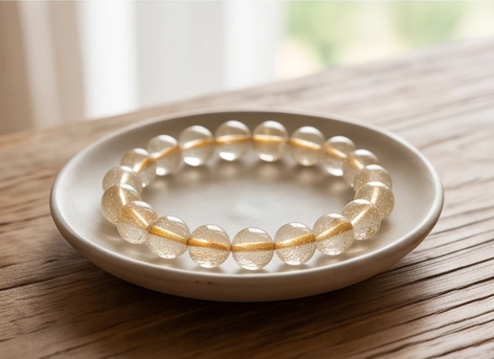 Chuỗi vòng tay thạch anh trong suốt chứa các sợi tinh thể ánh vàng lấp lánh dưới ánh nắng tự nhiên