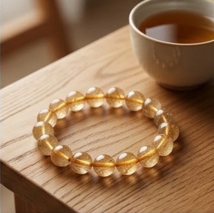 Vòng tay đá thạch anh tóc vàng tự nhiên đặt trên bàn làm việc bằng gỗ giúp tăng cường cát khí hành Thổ