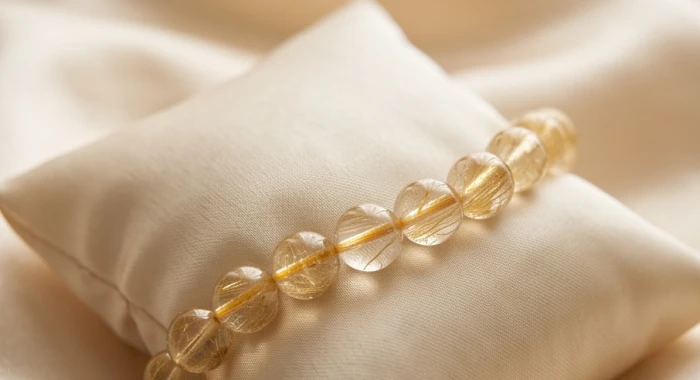 Chuỗi vòng tay phong thủy tuổi mão đá thạch anh tóc vàng chứa sợi tinh thể rutile rực rỡ đặt trên khay lót lụa
