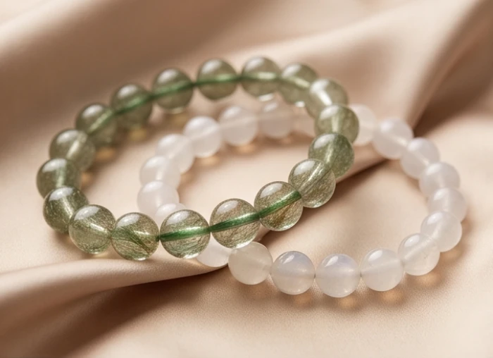 Chuỗi vòng thạch anh tóc xanh và đá mặt trăng trắng tinh khiết đặt trên nền vải lụa mềm mại