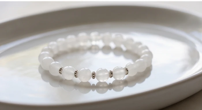 Chiếc vòng tay đá thạch anh trắng bọc bạc nguyên chất tăng cường sự minh mẫn cho người mệnh Thủy
