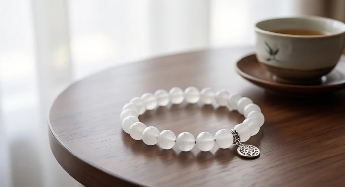Chiếc vòng tay đá thạch anh trắng và tỳ hưu bạc đặt trên đĩa sứ thanh nhã hỗ trợ cân bằng sinh khí