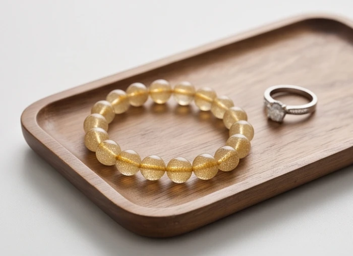 Vòng tay đá thạch anh tóc vàng và nhẫn bạch kim tinh xảo được đặt trên hộp gỗ quý dành cho người mệnh Kim