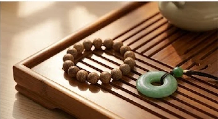 Vòng tay trầm hương tự nhiên và mặt ngọc bích xanh lục thuộc hành Mộc giúp điều hòa năng lượng bản mệnh