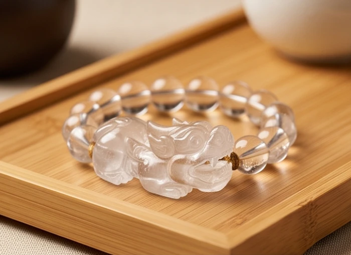Vòng tay tỳ hưu phong thủy tuổi thìn bằng đá thạch anh với miệng rộng đùi nở và lỗ xỏ ngang hông