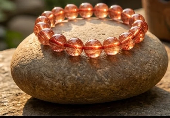 Chiếc vòng tay đá thạch anh tóc đỏ sáng bóng mang lại nguồn sinh khí mạnh mẽ cho người đeo trong năm hạn