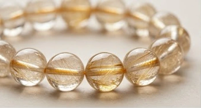 Chuỗi vòng tay thạch anh tóc vàng với các sợi tinh thể rutile óng ánh bên trong lõi đá