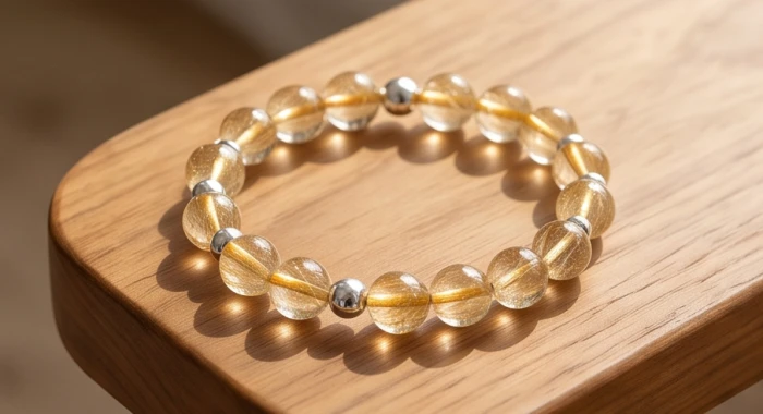 Vòng tay đá thạch anh tóc vàng phối hạt charm bạc 925 tròn nhẵn dành cho người tuổi Quý Dậu