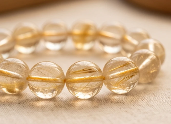 Chuỗi thạch anh tóc vàng trong suốt chứa mật độ sợi khoáng rutile lấp lánh bên trong