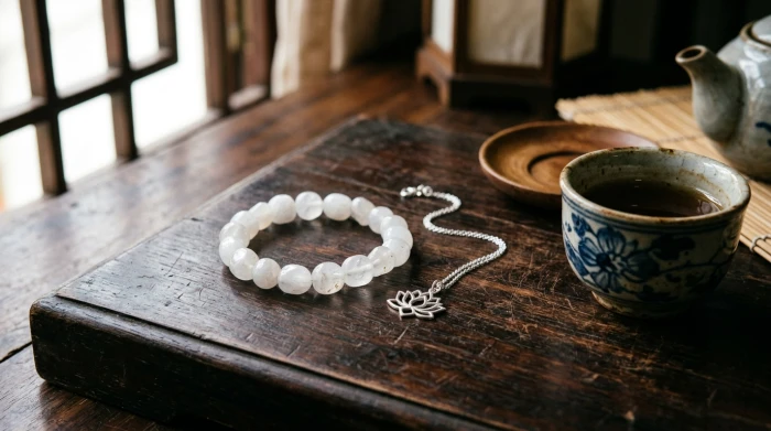 Vòng đá thạch anh trắng tinh khiết đặt cạnh tách trà nóng giúp tĩnh tâm và an thần