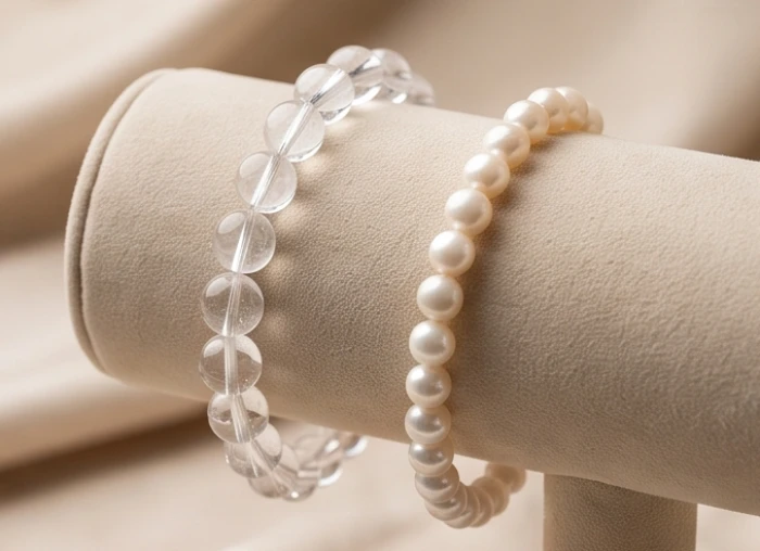 Vòng tay đá thạch anh trắng trong suốt và chuỗi ngọc trai tự nhiên dành cho người mệnh Kim sinh năm 2000