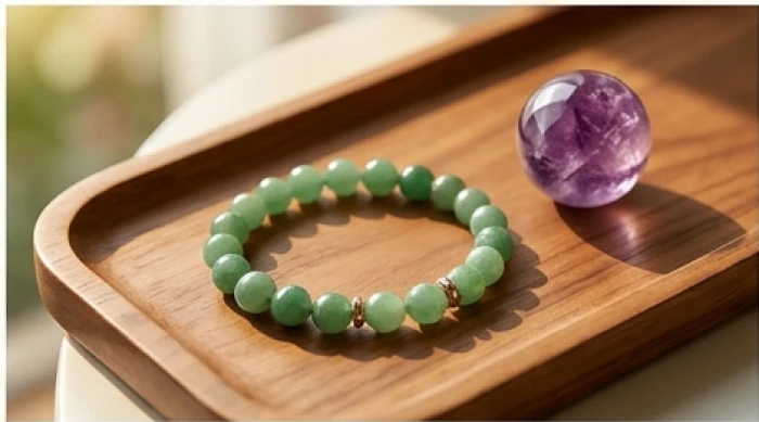 Vòng tay đá phong thủy thạch anh xanh lá và quả cầu thạch anh tím giúp tăng cường sinh khí