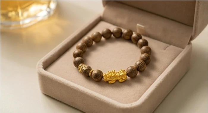 Vòng tay trầm hương hạt nhỏ tám milimet kết hợp charm tỳ hưu mạ vàng dành cho nữ giới trên hộp trang sức nhung mềm