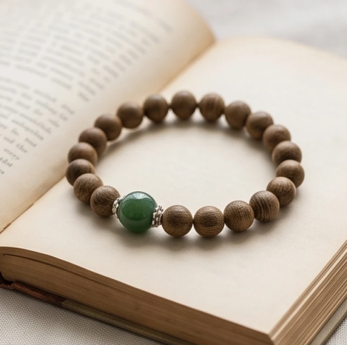 Chuỗi vòng tay gỗ trầm hương tự nhiên điểm xuyết hạt charm ngọc bích xanh lá thẫm đặt trên quyển sách cổ