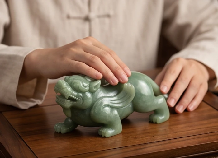 Bàn tay nhẹ nhàng vuốt dọc từ đầu xuống đuôi tượng Tỳ Hưu để truyền đạt trường năng lượng và thiết lập sự kết nối