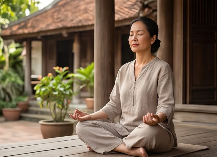 Người phụ nữ trung niên lặng lẽ ngồi thiền định trước hiên nhà ngập tràn ánh sáng tĩnh lặng