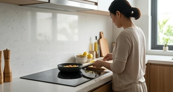 Người nấu ăn thao tác trước bếp từ với hướng lưng chỉ chuẩn xác trục phương vị nhà bếp
