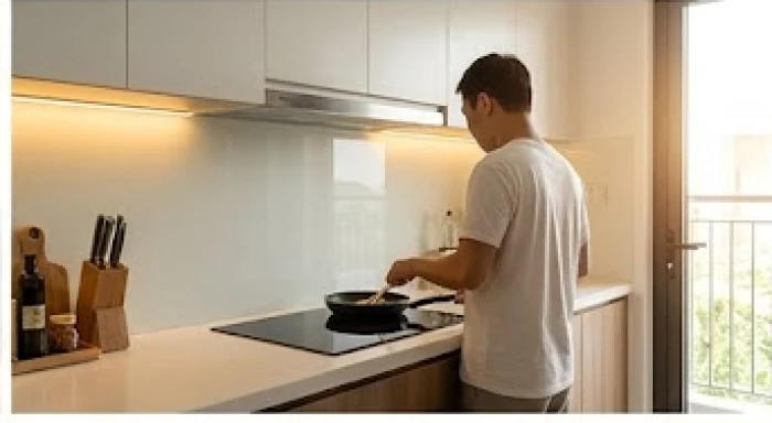 Người nội trợ đứng nấu bếp từ tại bàn đảo xoay lưng về phía hướng tốt của ngôi nhà hiện đại