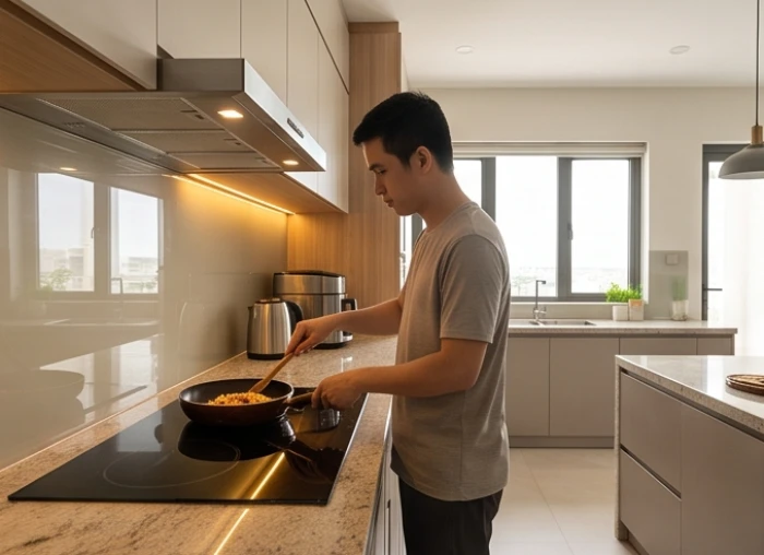 Người đứng thao tác tại khu vực bếp từ để minh họa hướng mặt bếp quay ngược lại với hướng lưng của người nấu