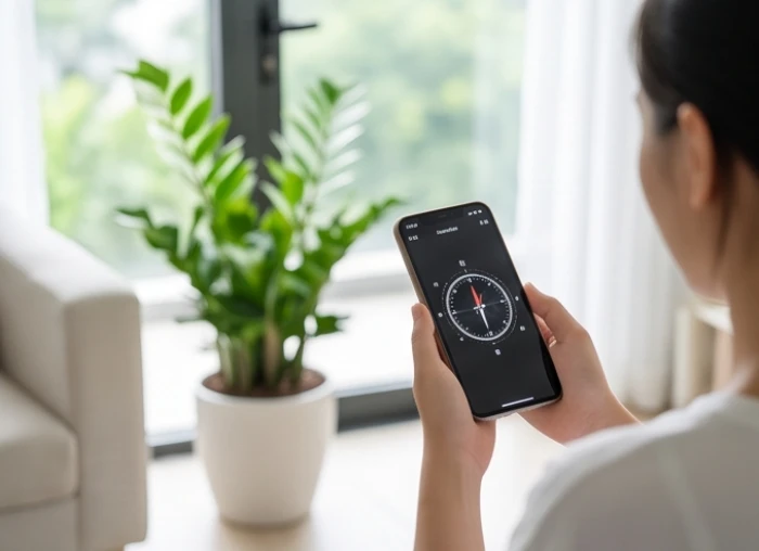 Người cầm điện thoại mở ứng dụng la bàn đứng gần bàn trà phòng khách xác định tọa độ đặt chậu cây cảnh