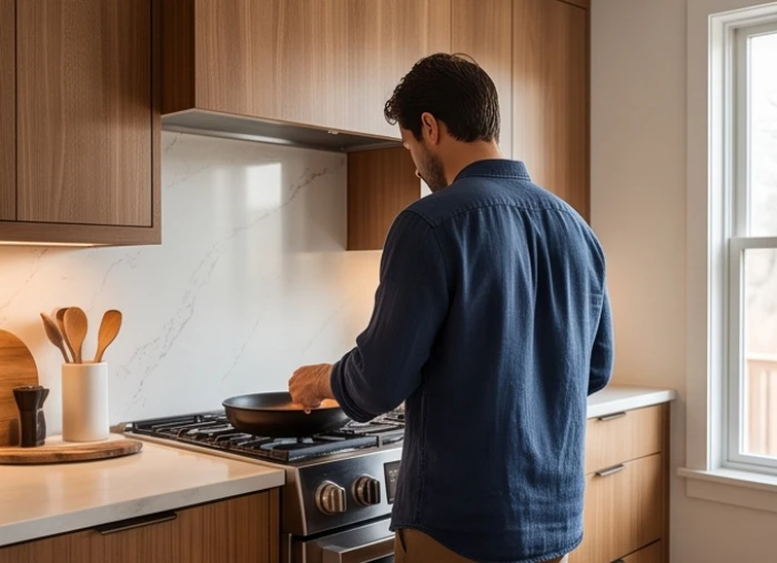 Người phụ nữ đang nấu ăn tại gian bếp để minh họa cách xác định hướng bếp hợp tuổi tỵ chuẩn xác
