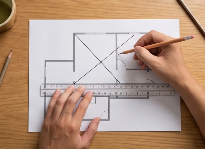 Bản vẽ phác thảo ngôi nhà hình chữ L với các đường chéo giao nhau để xác định tâm điểm chuẩn xác