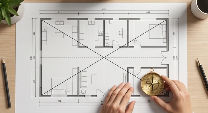 Bản vẽ mặt bằng nhà hiển thị hai đường chéo giao nhau tại tâm thái cực chuẩn phong thủy