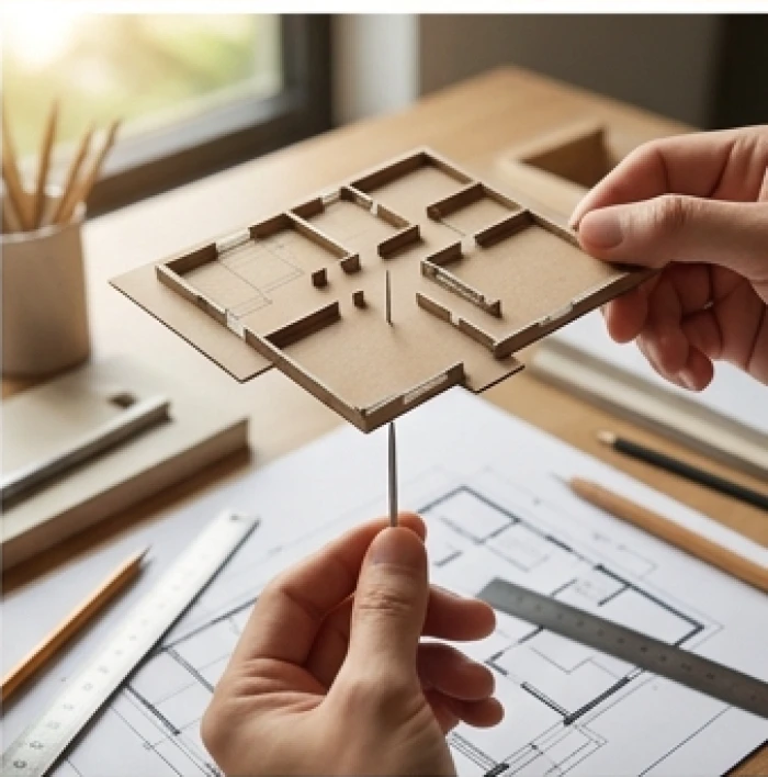 Thao tác giữ thăng bằng bản vẽ mặt bằng cắt rời trên đầu một chiếc kim để tìm tâm nhà chính xác
