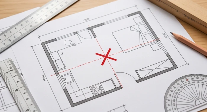 Bản vẽ mặt bằng căn phòng ngủ được đánh dấu vị trí trung tâm để định vị các hướng ngũ hành