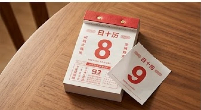 Tờ lịch vạn niên bị xé dở phần mép giữa thể hiện ranh giới chuyển giao của hai tháng