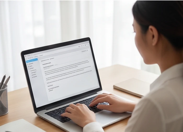 Nhân viên văn phòng cẩn thận soạn thảo email xác nhận nội dung công việc trên máy tính xách tay để hạn chế sai sót