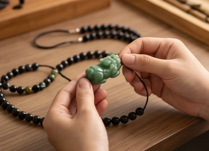 Bàn tay thợ thủ công đang xâu xen kẽ mặt tỳ hưu ngọc cùng các hạt đá màu đen trên khay chế tác