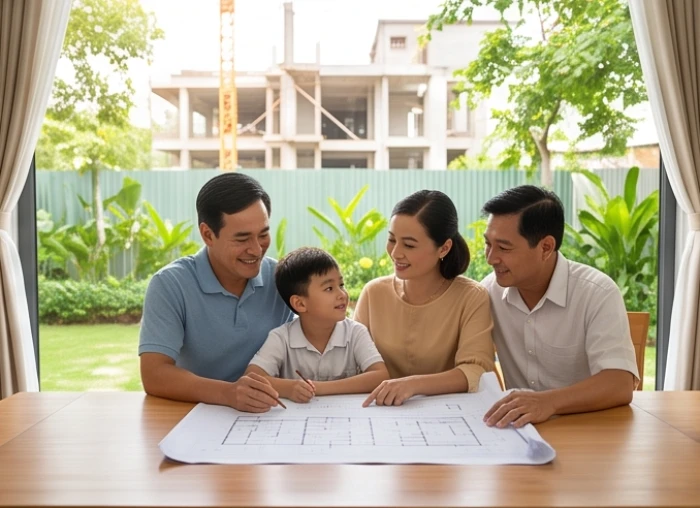 Gia chủ xem xét bản thiết kế kiến trúc ngôi nhà mới cùng gia đình chuẩn bị động thổ xây cất thuận lợi