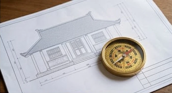 Bản vẽ thiết kế nhà gỗ truyền thống đặt cạnh chiếc la bàn phong thủy bằng đồng