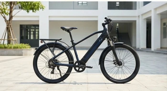 Chiếc xe đạp điện màu đen nhám thời trang dựng gọn gàng tại khu vực để xe của trường học