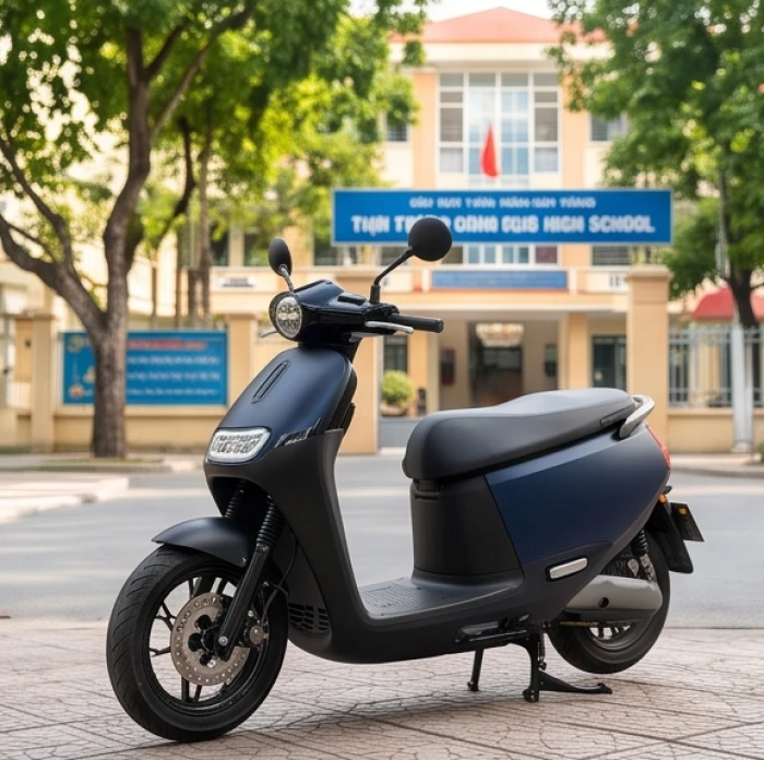 Mẫu xe đạp điện màu đen nhám phối xanh dương thẫm phù hợp với học sinh tuổi Canh Dần 2010 mệnh Mộc