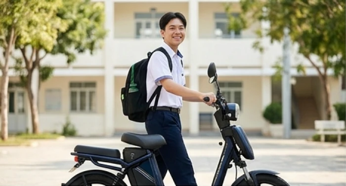 Học sinh tuổi tân mão 2011 dắt xe đạp điện màu xanh dương sẫm cùng balo viền xanh lá trên sân trường lộng gió