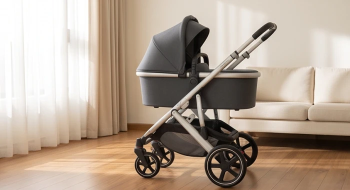 Chiếc xe đẩy cao cấp tông màu xám ghi và khung bạc đỗ gọn gàng trong phòng khách