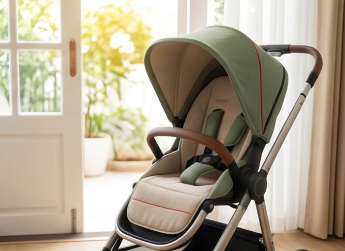 Xe đẩy trẻ em có mái che màu xanh rêu kết hợp đệm lót màu be và đường viền đỏ chuẩn phong thủy