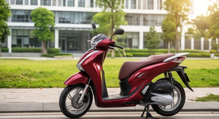 Chiếc xe máy tay ga màu đỏ mận thời trang nổi bật trên khuôn viên trường đại học cho nữ sinh