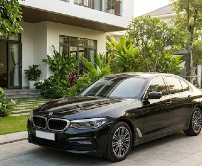 Chiếc xe ô tô màu đen bóng sang trọng đỗ trước hiên nhà phù hợp với phong thủy tương sinh mệnh Mộc