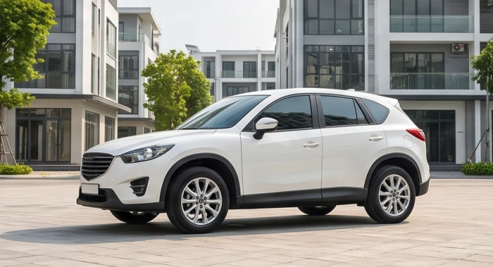 Chiếc xe SUV màu trắng ngọc trai thể thao đỗ tại khu đô thị hiện đại cho người tuổi Ất Hợi 1995