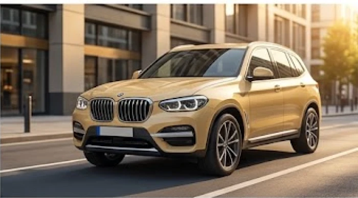 Chiếc ô tô sang trọng mang lớp sơn ngoại thất màu vàng cát bóng bẩy di chuyển trên đường phố