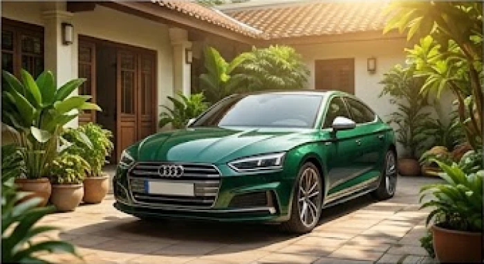 Chiếc xe ô tô hiện đại màu xanh lục đậu trước khoảng sân ngập tràn ánh nắng ấm áp và cây cối xanh tươi